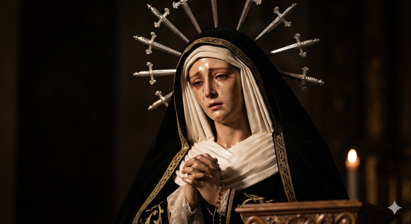 Escultura religiosa de Nuestra Señora de los Dolores con lágrimas y corazón traspasado por espadas, festividad del 15 de septiembre.
